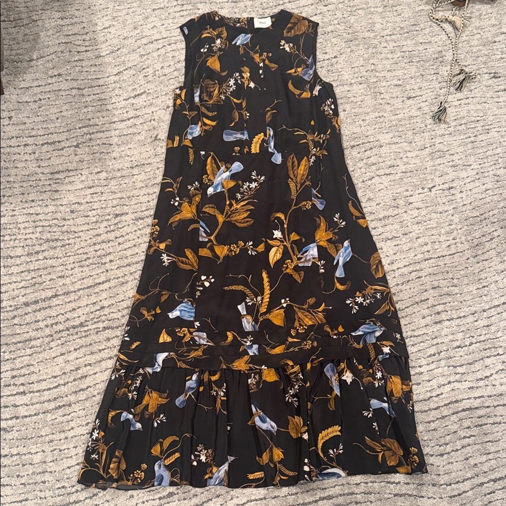 ERDEM Black and Gold Bird Print Midi Dress